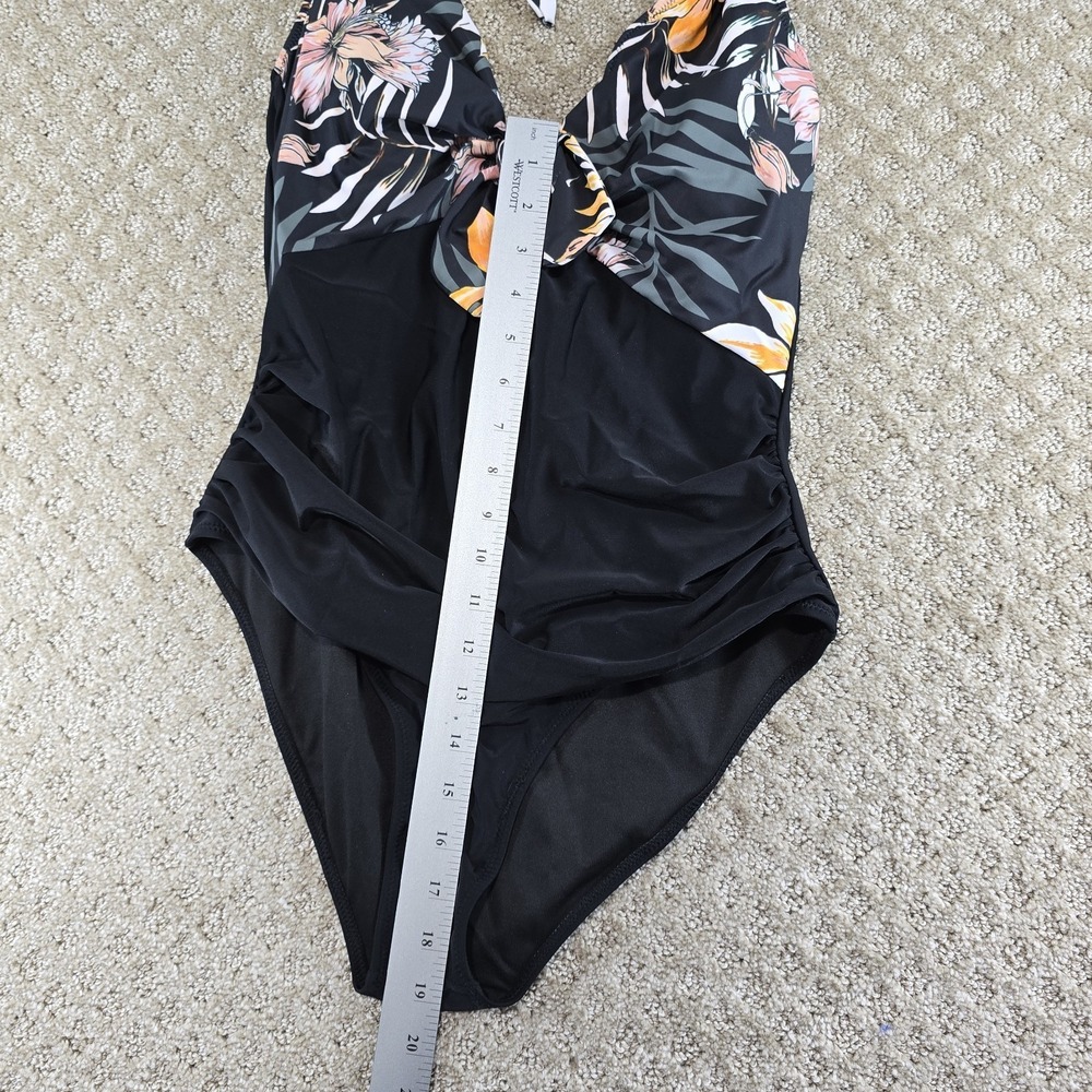 One Piece Swimsuit Tropical Floral Halter Tie Front Black Size Large - Picture 5 of 10